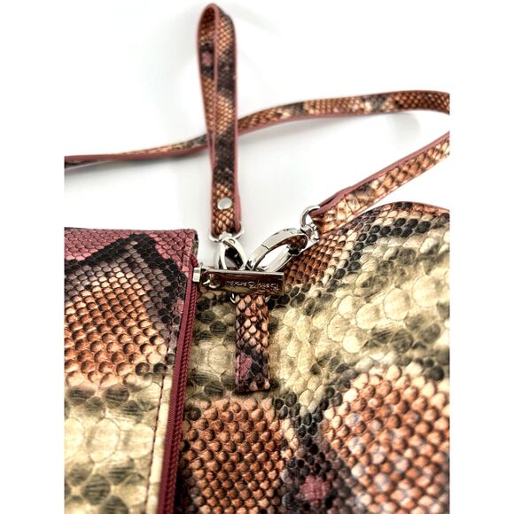 Betty Barclay Faux Snake Skin Crossbody Bag with Wristlet Handle Pink Tan Green - Picture 9 of 13